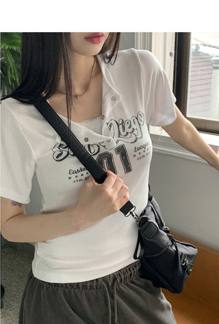Bizen Y2K Lettering Snap Button Ribbed Cropped Short Sleeve T-shirt