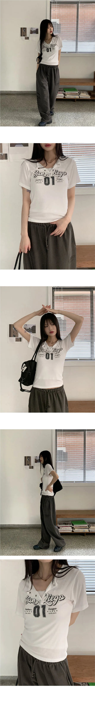 Bizen Y2K Lettering Snap Button Ribbed Cropped Short Sleeve T-shirt
