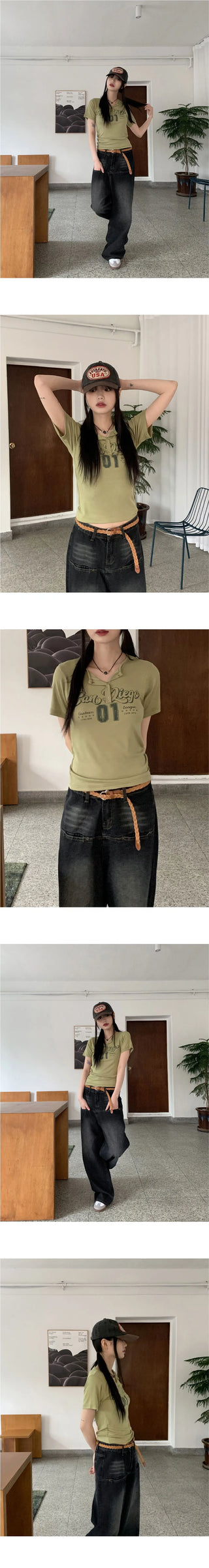 Bizen Y2K Lettering Snap Button Ribbed Cropped Short Sleeve T-shirt