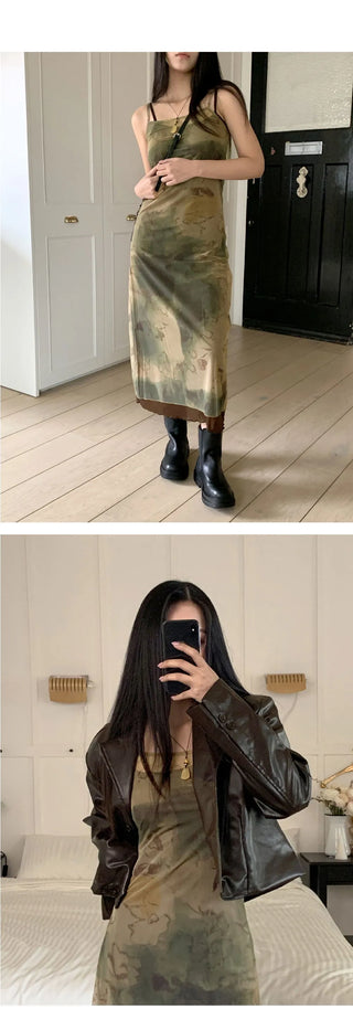 Smudging See-through Printing Layered Sleeveless Long Dress