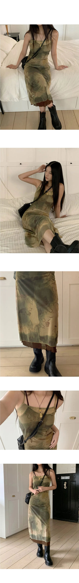 Smudging See-through Printing Layered Sleeveless Long Dress