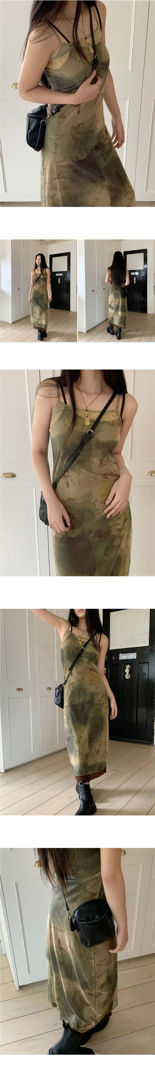 Smudging See-through Printing Layered Sleeveless Long Dress
