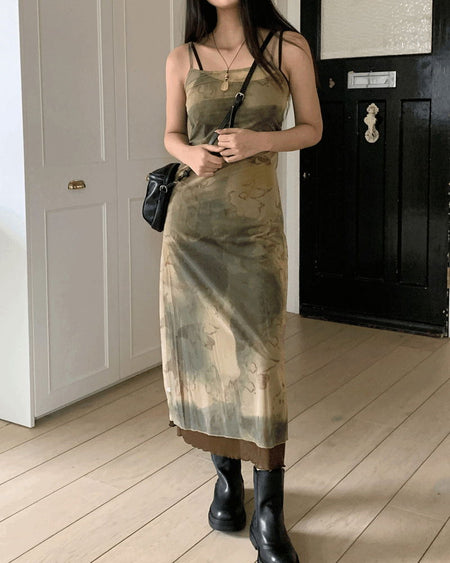 Smudging See-through Printing Layered Sleeveless Long Dress