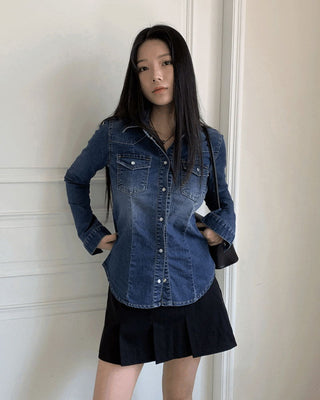 Calv Line Slim Spandex Blue Denim Shirt Shirt