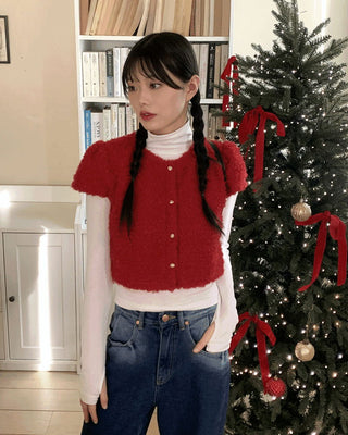 Mully Poodle Fur Gold Button Knitwear Puff Crop Cardigan