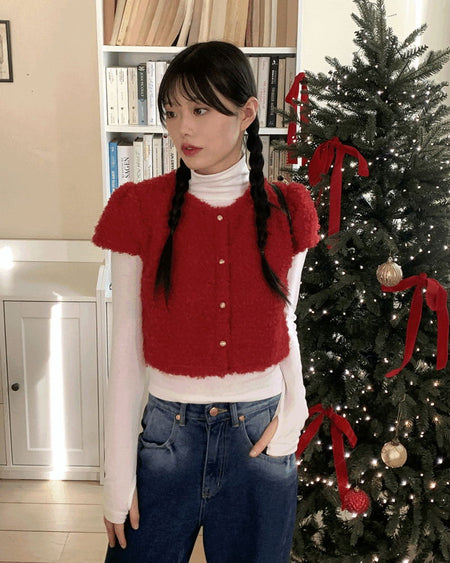 Mully Poodle Fur Gold Button Knitwear Puff Crop Cardigan