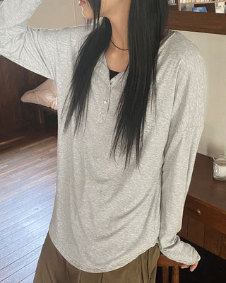 Cadden Loose-fit Ribbed Button Long Sleeve T-shirt