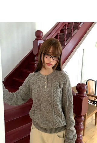 Deha Twisted Henley Neck Button Long Sleeve Knitwear