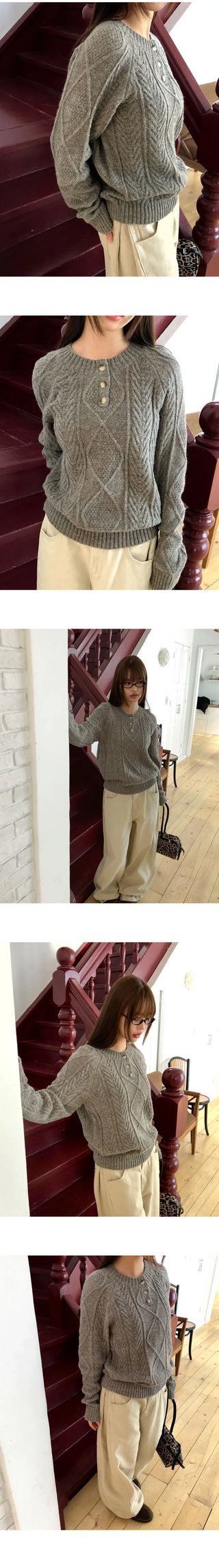 Deha Twisted Henley Neck Button Long Sleeve Knitwear