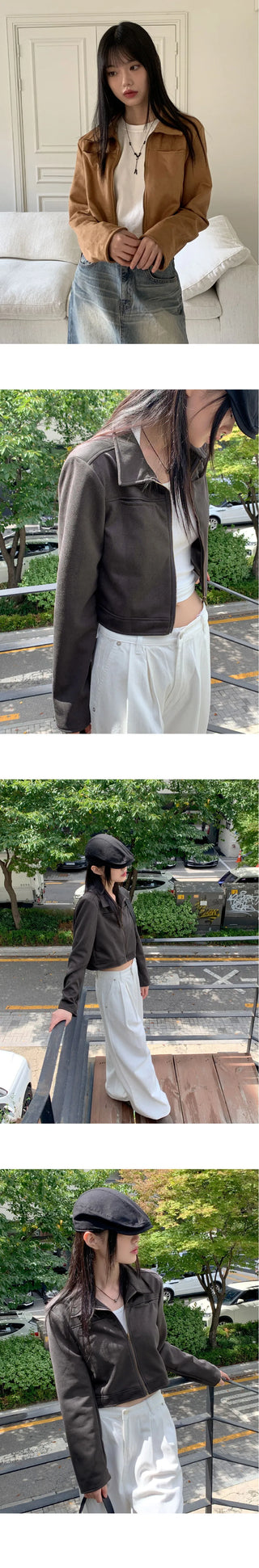 Terry suede pocket cropped jacket