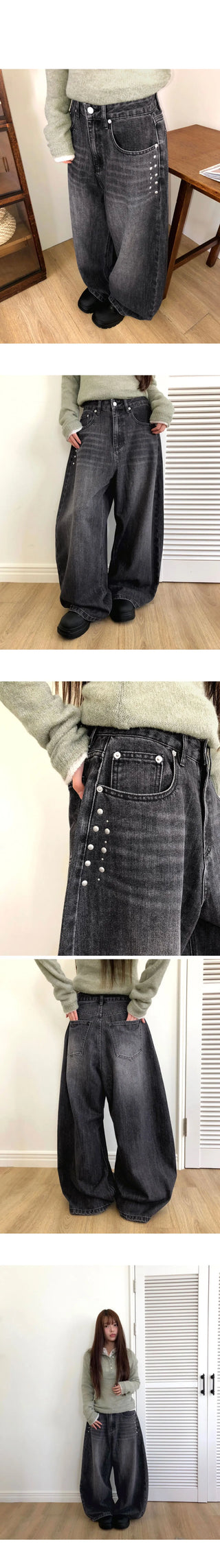 N-Stud Pocket Balloon Fit Faded Denim Long Pants