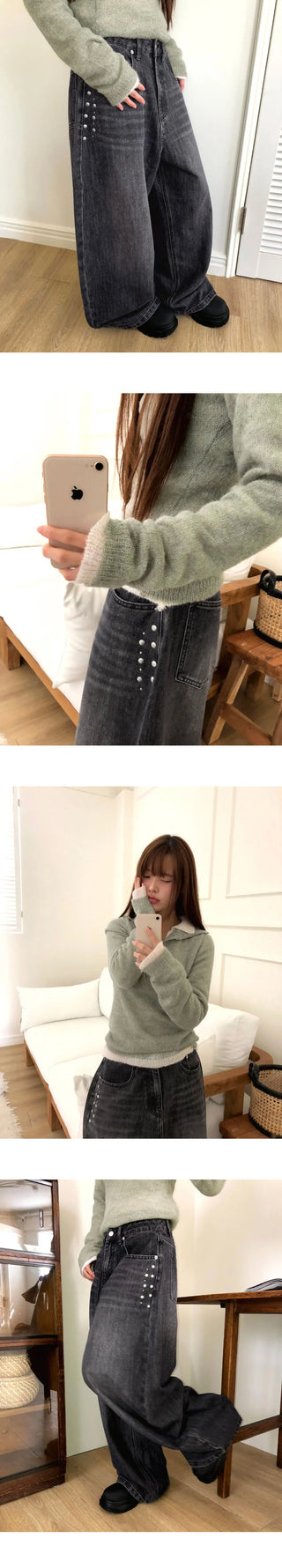 N-Stud Pocket Balloon Fit Faded Denim Long Pants