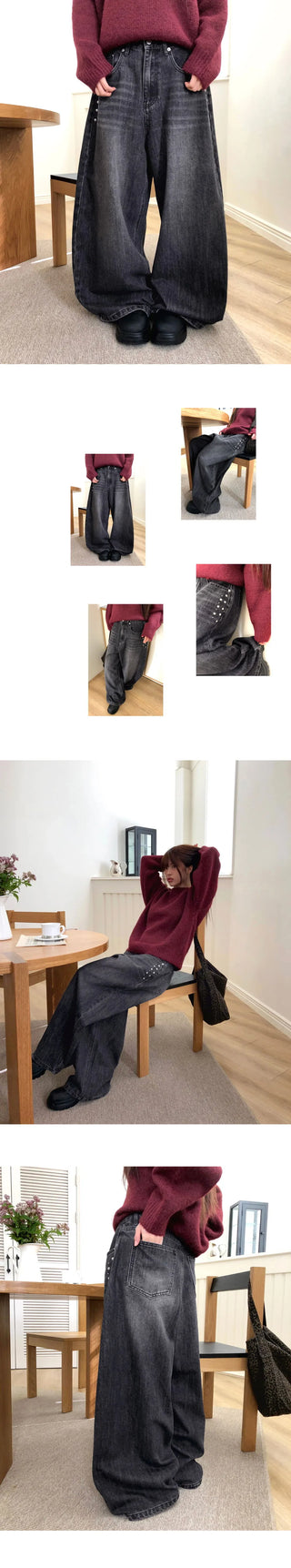 N-Stud Pocket Balloon Fit Faded Denim Long Pants