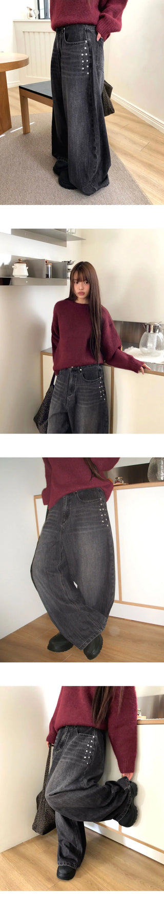 N-Stud Pocket Balloon Fit Faded Denim Long Pants