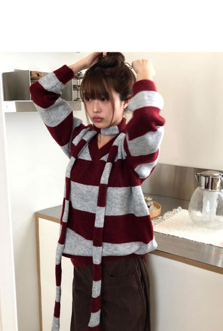 Phu Stripe Color V-Neck V-Neck Loose-fit Long Sleeve Long Knitwear
