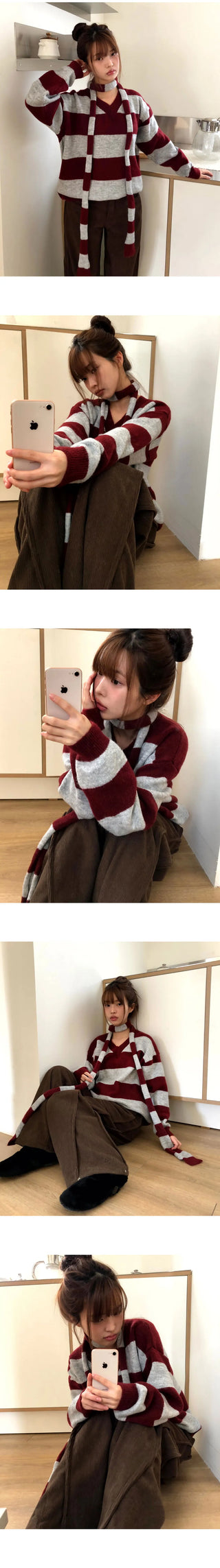 Phu Stripe Color V-Neck V-Neck Loose-fit Long Sleeve Long Knitwear