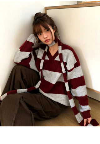 Phu Stripe Color V-Neck V-Neck Loose-fit Long Sleeve Long Knitwear