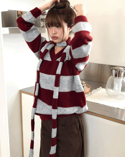 Phu Stripe Color V-Neck V-Neck Loose-fit Long Sleeve Long Knitwear