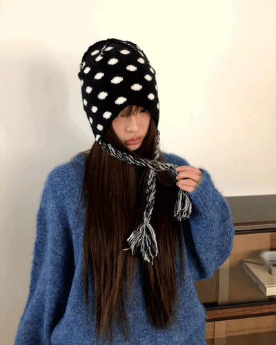 Knitwear Beanie Hat with Dot Earflap
