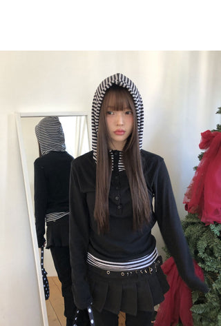 Gian high-neck two-tone fleece hooded sweatshirt