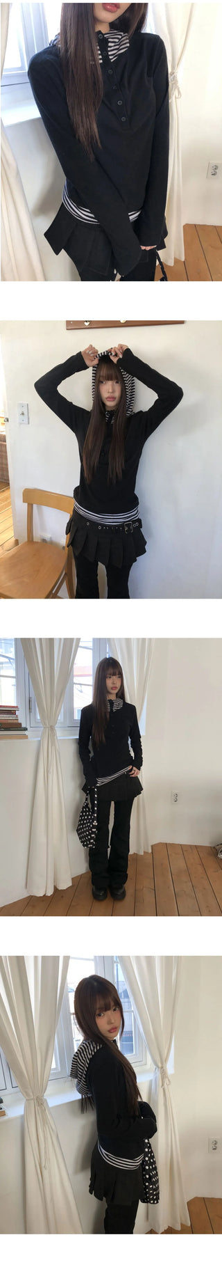 Gian high-neck two-tone fleece hooded sweatshirt