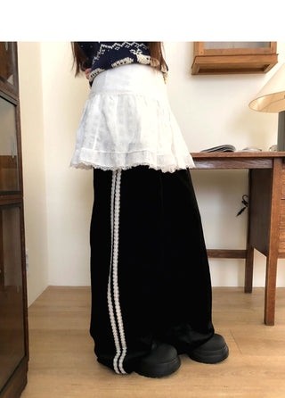 Mini Velvet Lace Banding Strap Wide-Fit Training Long Pants