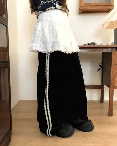 Mini Velvet Lace Banding Strap Wide-Fit Training Long Pants