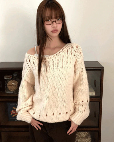 Lenu Punching Round Loose-fit Long Sleeve Long Knitwear