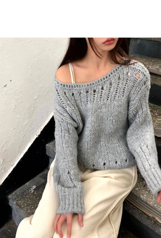 Lenu Punching Round Loose-fit Long Sleeve Long Knitwear