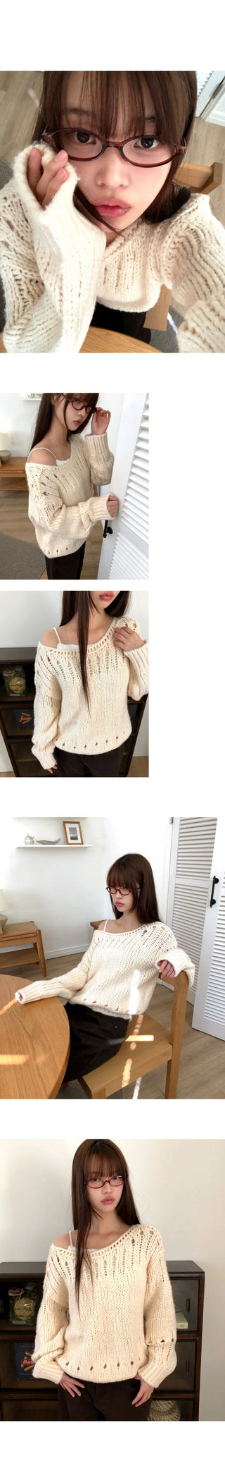Lenu Punching Round Loose-fit Long Sleeve Long Knitwear