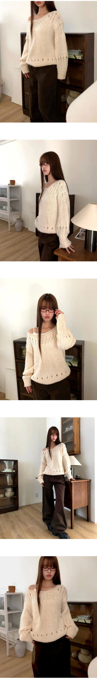 Lenu Punching Round Loose-fit Long Sleeve Long Knitwear