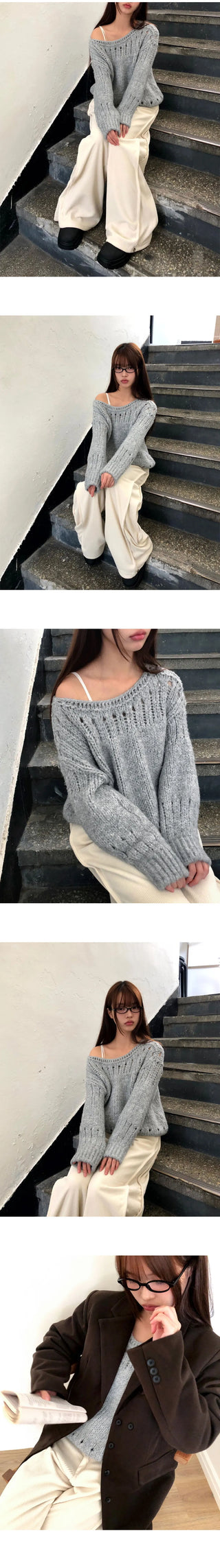Lenu Punching Round Loose-fit Long Sleeve Long Knitwear
