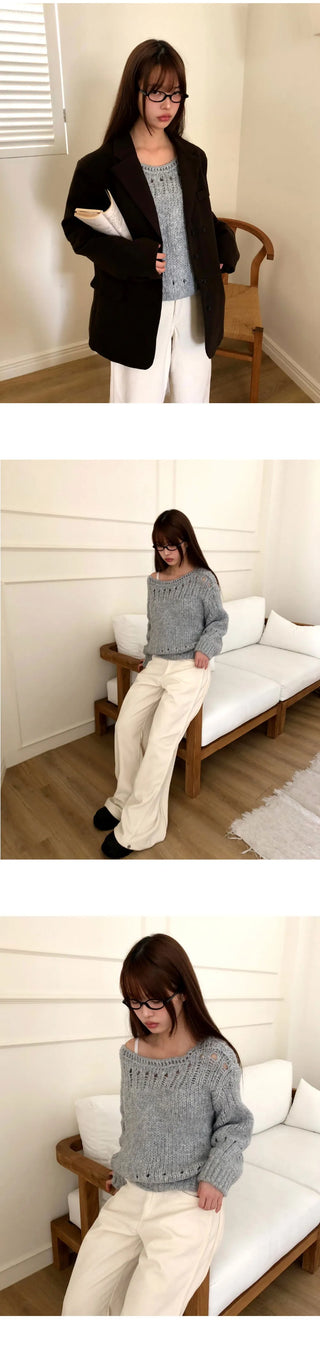 Lenu Punching Round Loose-fit Long Sleeve Long Knitwear