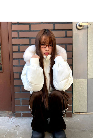 Search Fur Hooded Shibori Short Padded Jacket