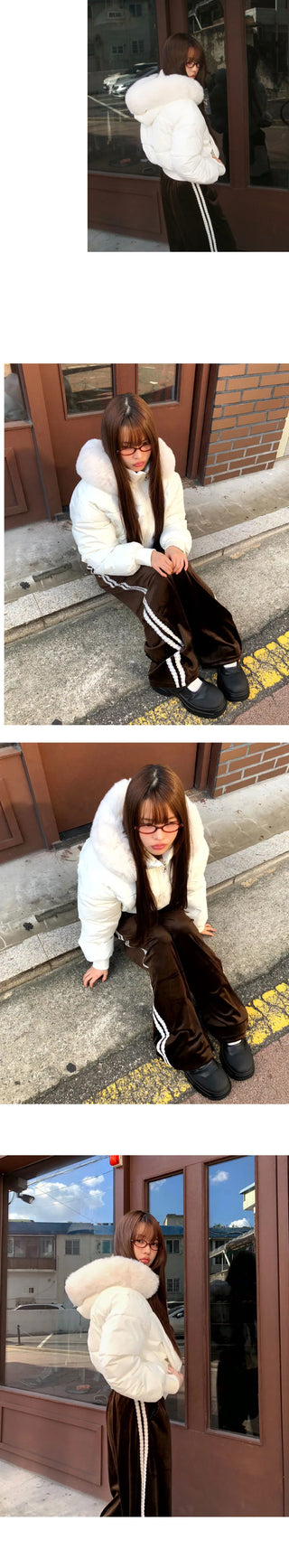 Search Fur Hooded Shibori Short Padded Jacket