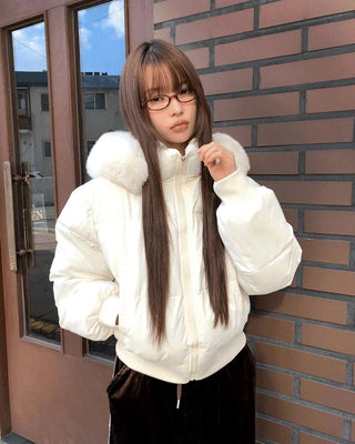 Search Fur Hooded Shibori Short Padded Jacket