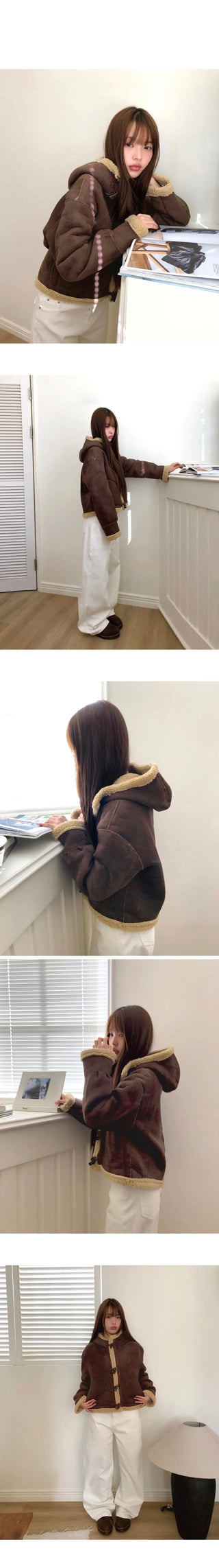 Dune Suede Hooded Tteokbokki Shearling Fur Shearling Jacket