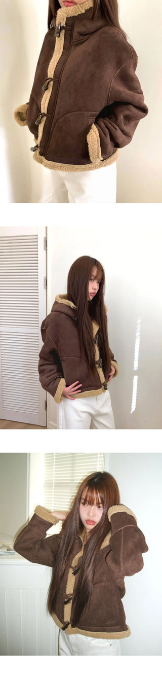 Dune Suede Hooded Tteokbokki Shearling Fur Shearling Jacket