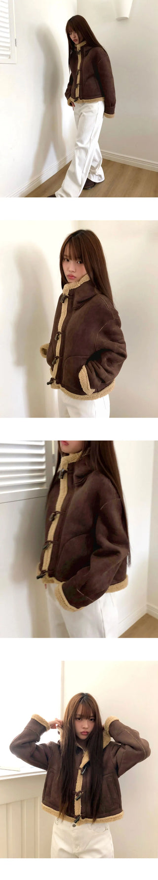 Dune Suede Hooded Tteokbokki Shearling Fur Shearling Jacket