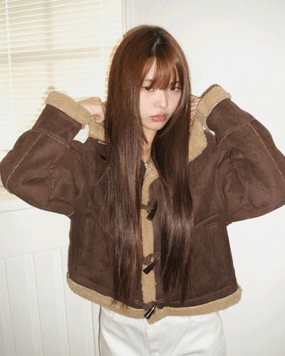Dune Suede Hooded Tteokbokki Shearling Fur Shearling Jacket