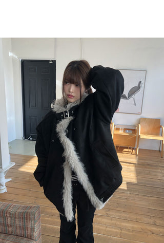 Den High Neck Quilted Fur Suede Shearling Jacket