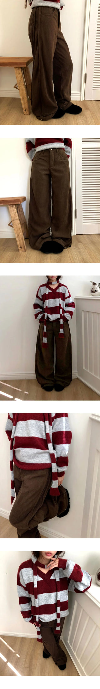 Bowling Corduroy Snap Bijou Wide-Fit Long Pants
