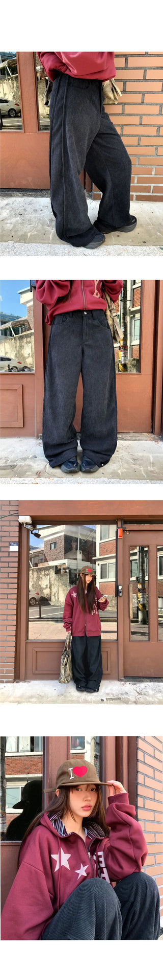 Bowling Corduroy Snap Bijou Wide-Fit Long Pants