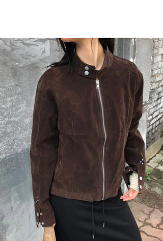 Artit Suede High Neck Studded Split Long Sleeve Jacket