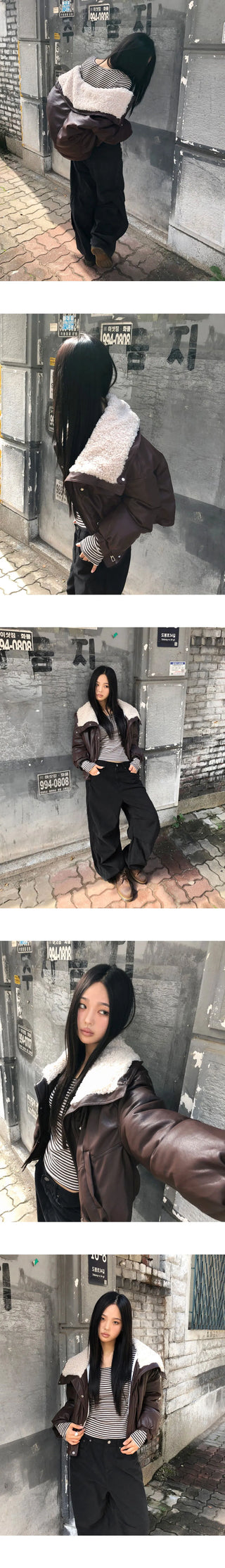 Bning Wool Collar High Neck Leather Shearling Jacket