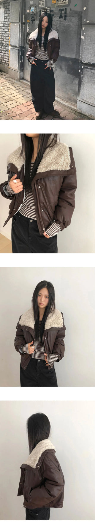Bning Wool Collar High Neck Leather Shearling Jacket