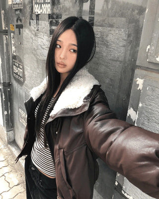 Bning Wool Collar High Neck Leather Shearling Jacket