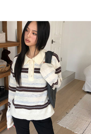 Cuff Stripe Color Block Collar Loose-fit Long Sleeve Knitwear