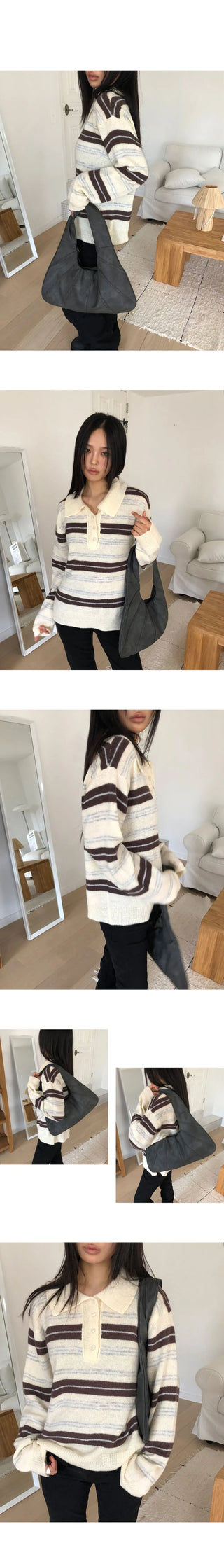 Cuff Stripe Color Block Collar Loose-fit Long Sleeve Knitwear