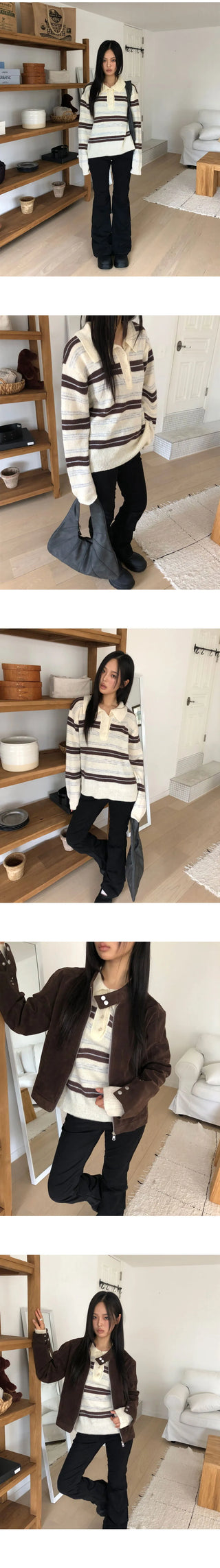 Cuff Stripe Color Block Collar Loose-fit Long Sleeve Knitwear